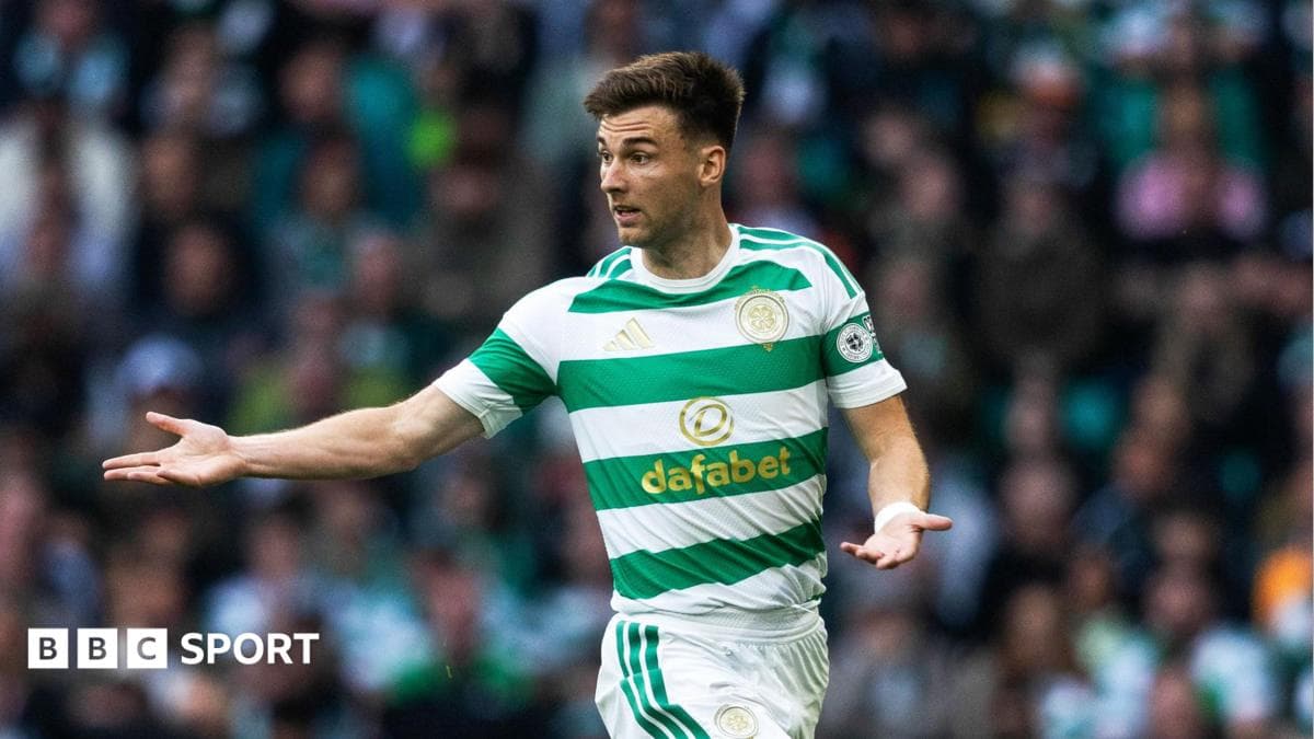 Kieran Tierney celebrating during Celtic vs Dundee match in Scottish Premiership